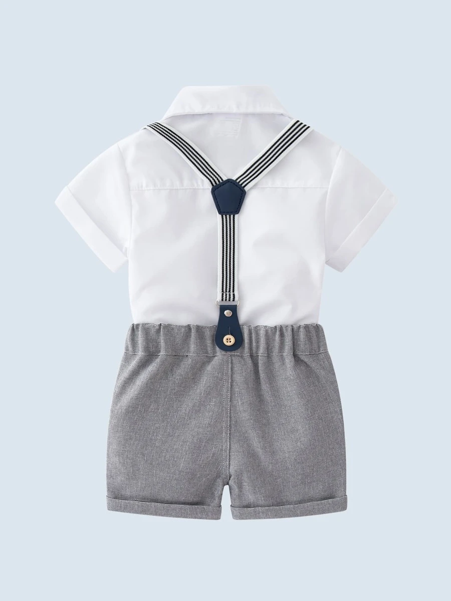 男嬰前蝴蝶結襯衫連體衣和卷邊背帶短褲
