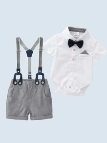 男嬰前蝴蝶結襯衫連體衣和卷邊背帶短褲