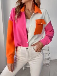 SHEIN LUNE 撞色落肩袖翻蓋口袋襯衫 - 彩色 - 查看 5