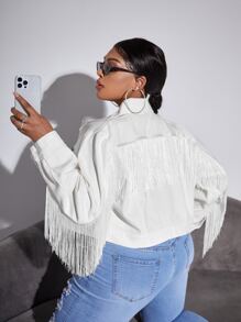 SHEIN SXY Plus Fringe Trim Drop Shoulder Denim Jacket - White - View 1