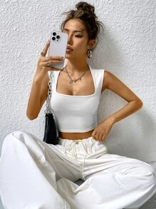 SHEIN ICON Top tank corto tejido de canalé - Blanco - Ver 5