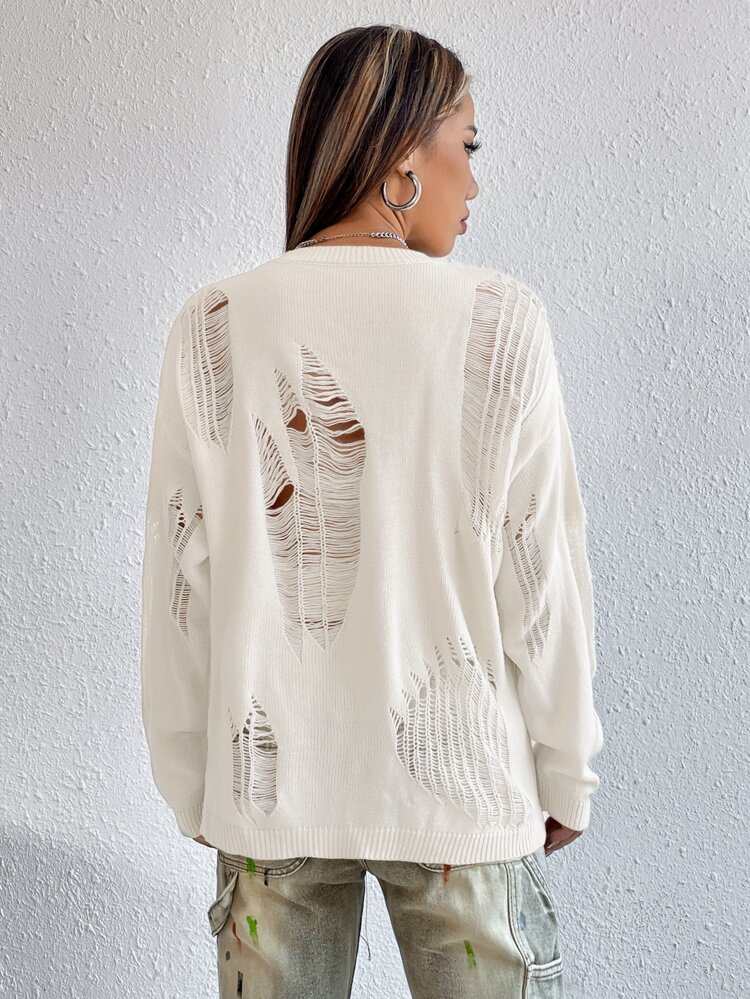 Solid Drop Shoulder Ripped Sweater,Long Sleeve Tops In Fall/Winter