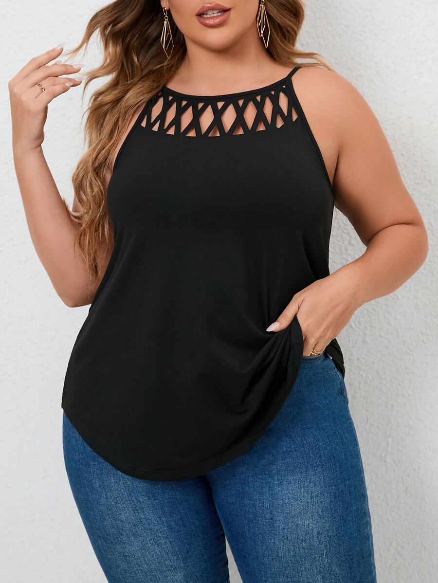 SHEIN LUNE Plus Cut Out Crisscross Solid Cami Top - Black - View 1