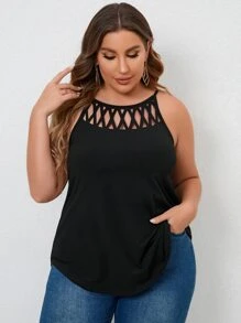 SHEIN LUNE Plus Cut Out Crisscross Solid Cami Top - Black - View 3
