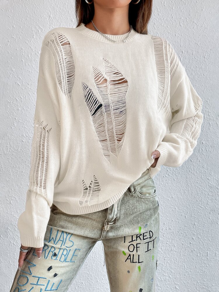 Solid Drop Shoulder Ripped Sweater,Long Sleeve Tops In Fall/Winter