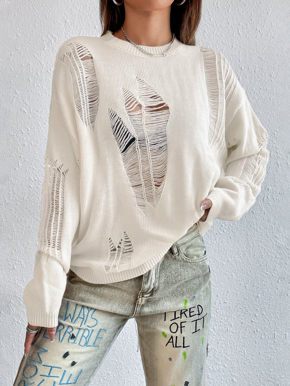 Solid Drop Shoulder Ripped Sweater,Long Sleeve Tops In Fall/Winter