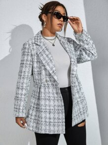 SHEIN Franclia Plus Plaid Pattern Lapel Neck Double Breasted Tweed Overcoat - White - View 1