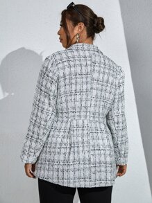SHEIN Franclia Plus Plaid Pattern Lapel Neck Double Breasted Tweed Overcoat - White - View 2