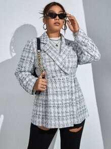 SHEIN Franclia Plus Plaid Pattern Lapel Neck Double Breasted Tweed Overcoat - White - View 5