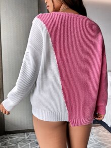 Calvaya 大碼雙色前繫帶落肩袖套頭毛衣 - 粉色 - 查看 2