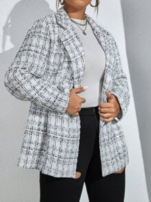 SHEIN Franclia Plus Plaid Pattern Lapel Neck Double Breasted Tweed Overcoat - White - View 6