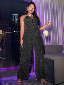 SHEIN BAE Plus Tie Backless Glitter Halter Jumpsuit - Black - View 3
