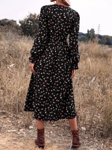 SHEIN Clasi 碎花荷葉袖連衣裙不附腰帶 - 黑色 - 查看 2