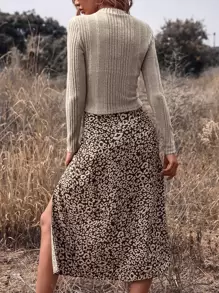 SHEIN Clasi Mock Neck Ribbed Knit Top & Leopard Slit Skirt Without Belt - Brown - View 2