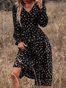 SHEIN Clasi 碎花荷葉袖連衣裙不附腰帶 - 黑色 - 查看 4