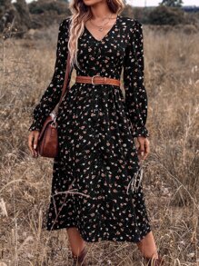 SHEIN Clasi 碎花荷葉袖連衣裙不附腰帶 - 黑色 - 查看 5