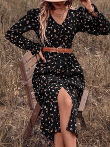 SHEIN Clasi 碎花荷葉袖連衣裙不附腰帶 - 黑色 - 查看 6