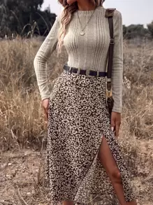 SHEIN Clasi Mock Neck Ribbed Knit Top & Leopard Slit Skirt Without Belt - Brown - View 6