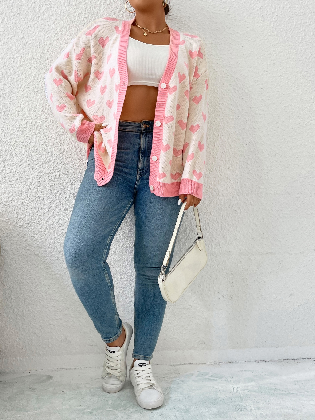 SHEIN Qutie Plus Heart Pattern Drop Shoulder Cardigan SHEIN USA