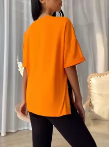 Muchica Drop Shoulder Split Hem Tee - Orange - View 2
