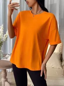 Muchica Drop Shoulder Split Hem Tee - Orange - View 4
