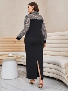 Modelyn Plus Floral Print Tie Neck Dress - Black - View 2