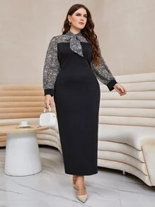 Modelyn Plus Floral Print Tie Neck Dress - Black - View 3