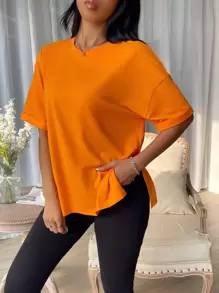 Muchica Drop Shoulder Split Hem Tee - Orange - View 5