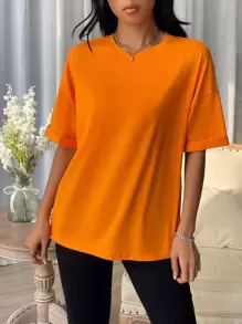 Muchica Drop Shoulder Split Hem Tee - Orange - View 6
