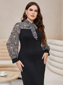 Modelyn Plus Floral Print Tie Neck Dress - Black - View 5