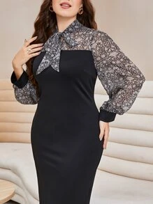 Modelyn Plus Floral Print Tie Neck Dress - Black - View 6