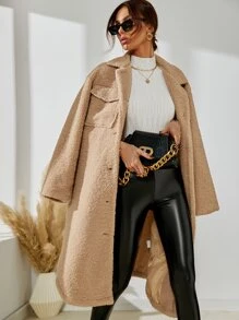 SHEIN LUNE Drop Shoulder Flap Pocket Teddy Coat - Khaki - View 1