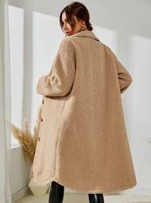 SHEIN LUNE Drop Shoulder Flap Pocket Teddy Coat - Khaki - View 2