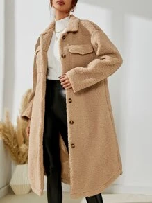 SHEIN LUNE Drop Shoulder Flap Pocket Teddy Coat - Khaki - View 3