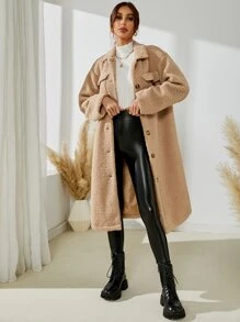 SHEIN LUNE Drop Shoulder Flap Pocket Teddy Coat - Khaki - View 4