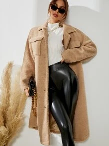 SHEIN LUNE Drop Shoulder Flap Pocket Teddy Coat - Khaki - View 5