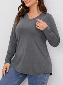 SHEIN LUNE Camiseta unicolor de cuello V - Gris - Ver 3