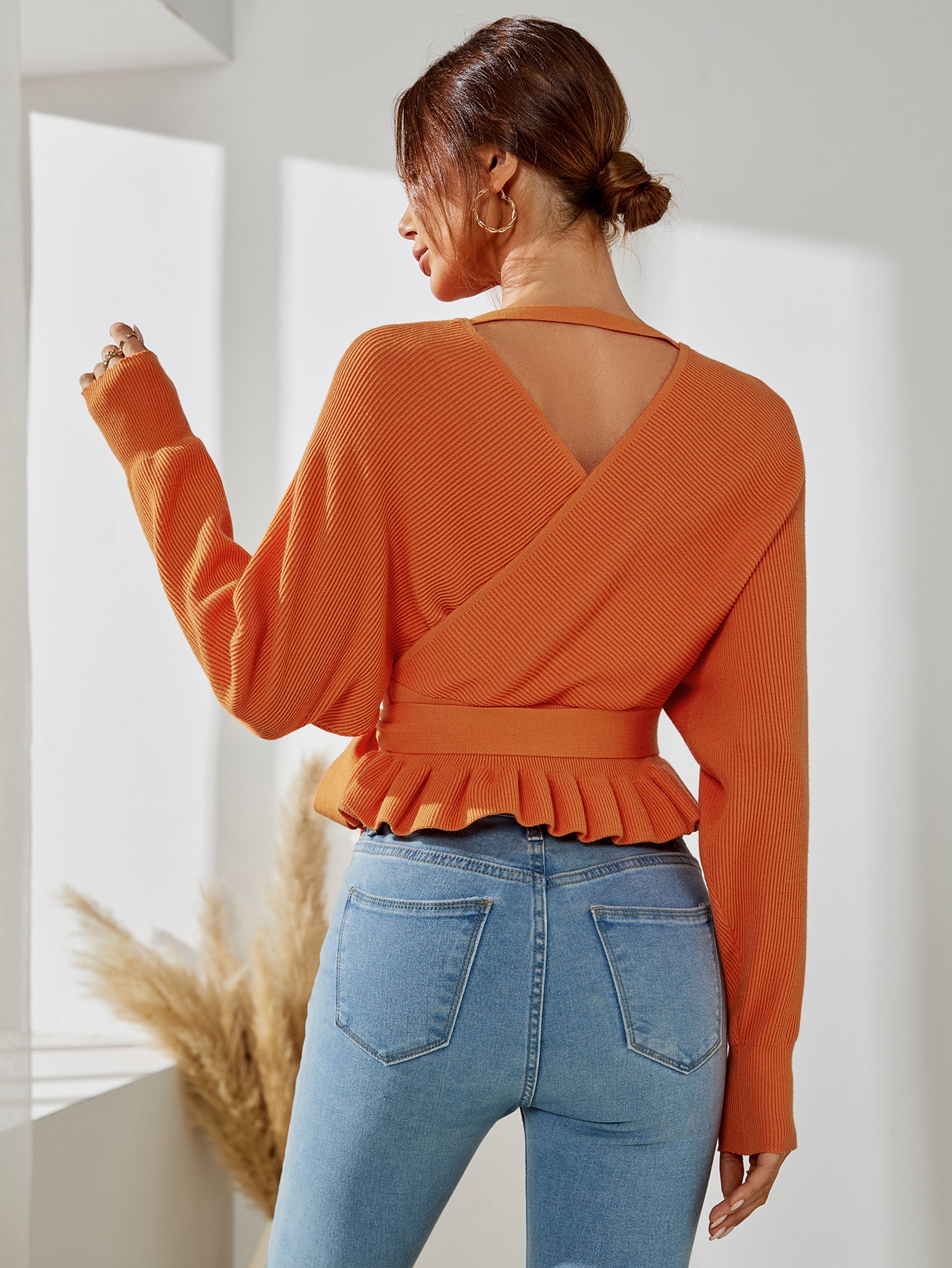 Batwing Sleeve Peplum Belted Sweater 
