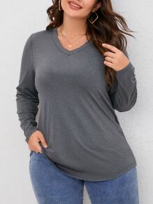 SHEIN LUNE Camiseta unicolor de cuello V - Gris - Ver 4
