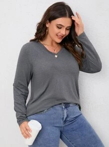 SHEIN LUNE Camiseta unicolor de cuello V - Gris - Ver 5