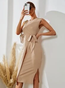 SHEIN Privé Đầm Trọn gói Thắt nơ trước màu trơn Thanh lịch - Màu Khaki - Xem 3