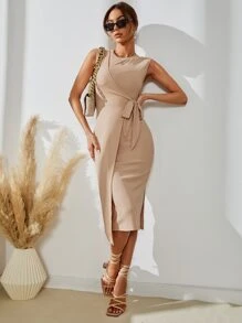 SHEIN Privé Đầm Trọn gói Thắt nơ trước màu trơn Thanh lịch - Màu Khaki - Xem 4