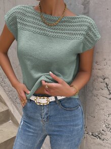 SHEIN LUNE Áo dệt kim nữ màu trơn Giải trí - Màu xanh Bạc hà - Xem 4