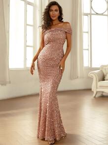 Missord One Shoulder Mermaid Hem Sequin Formal Dress - Champagne - View 1