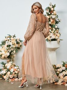 Simplee Contrast Lace Sweetheart Neck Split Thigh Mesh Dress - Apricot - View 2