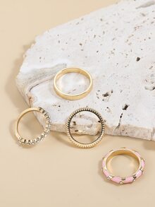 4枚锌合金镶嵌氧化锆戒指，欧美风格油滴竹节指节戒指 - 彩色 - 查看 4