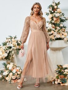 Simplee Contrast Lace Sweetheart Neck Split Thigh Mesh Dress - Apricot - View 4