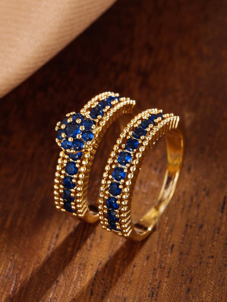 2pcs Cubic Zirconia Decor Ring - Royal Blue - View 1