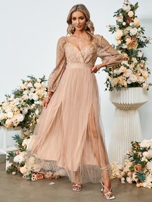 Simplee Contrast Lace Sweetheart Neck Split Thigh Mesh Dress - Apricot - View 5