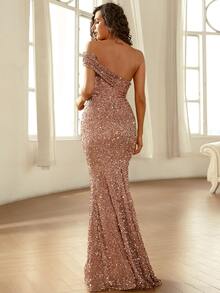 Missord One Shoulder Mermaid Hem Sequin Formal Dress - Champagne - View 2